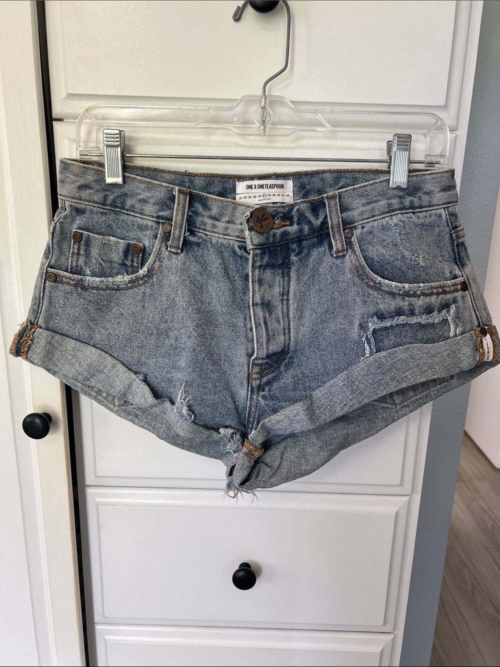 One Teaspoon Light Blue Rolled Hem Distressed Bandits Denim Shorts